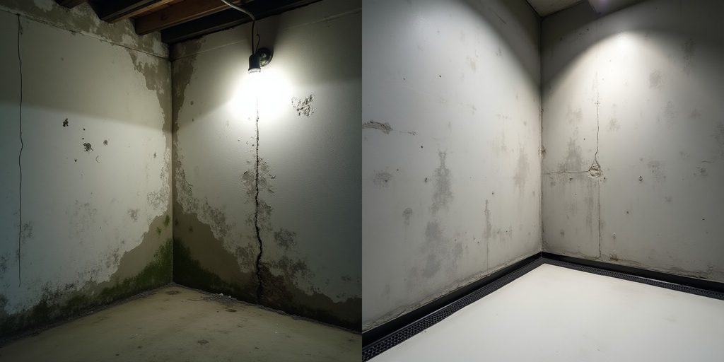 Fuktig källarvägg före och efter dränering — saltutfällningar och spräckor försvinner med ny fuktspärr och dräneringsledning