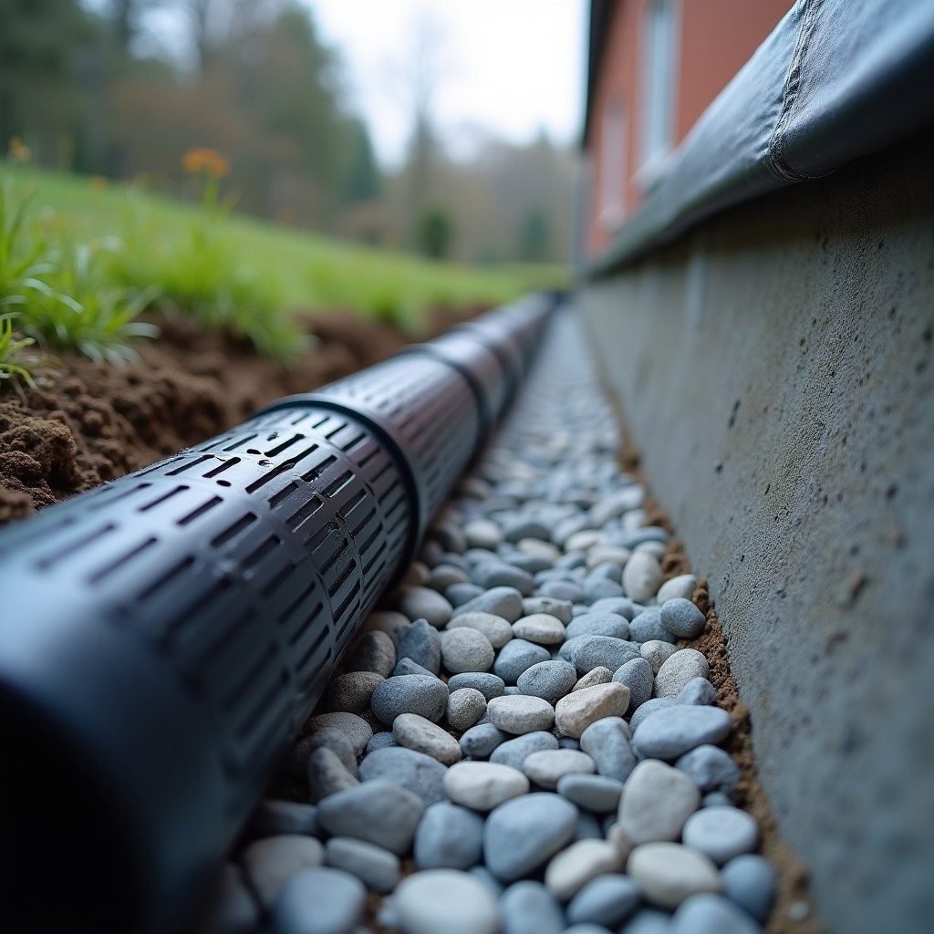 Modernt dräneringsrör HDPE med makadam runt och fuktspärr på husgrunden — installation enligt branschstandard