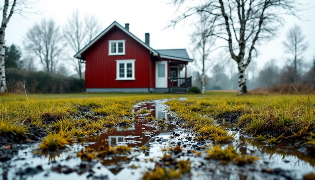 Blöt gräsmatta med stillastående vatten vid svenskt villa — typiskt fall där dränering eller dagvattenlösning behövs
